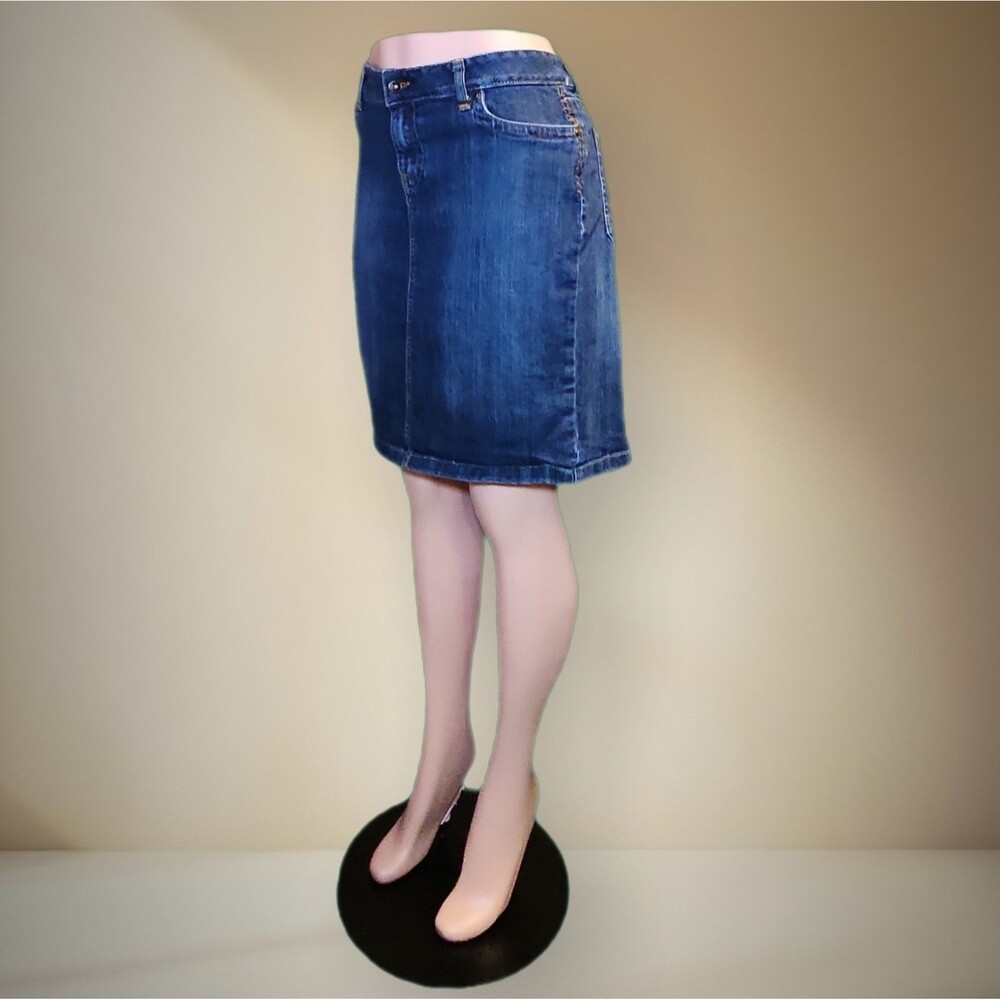 Calvin Klein Denim Skirt 36 Waist Blue Jean Knee Midi Thick Stitch Pocket VTG